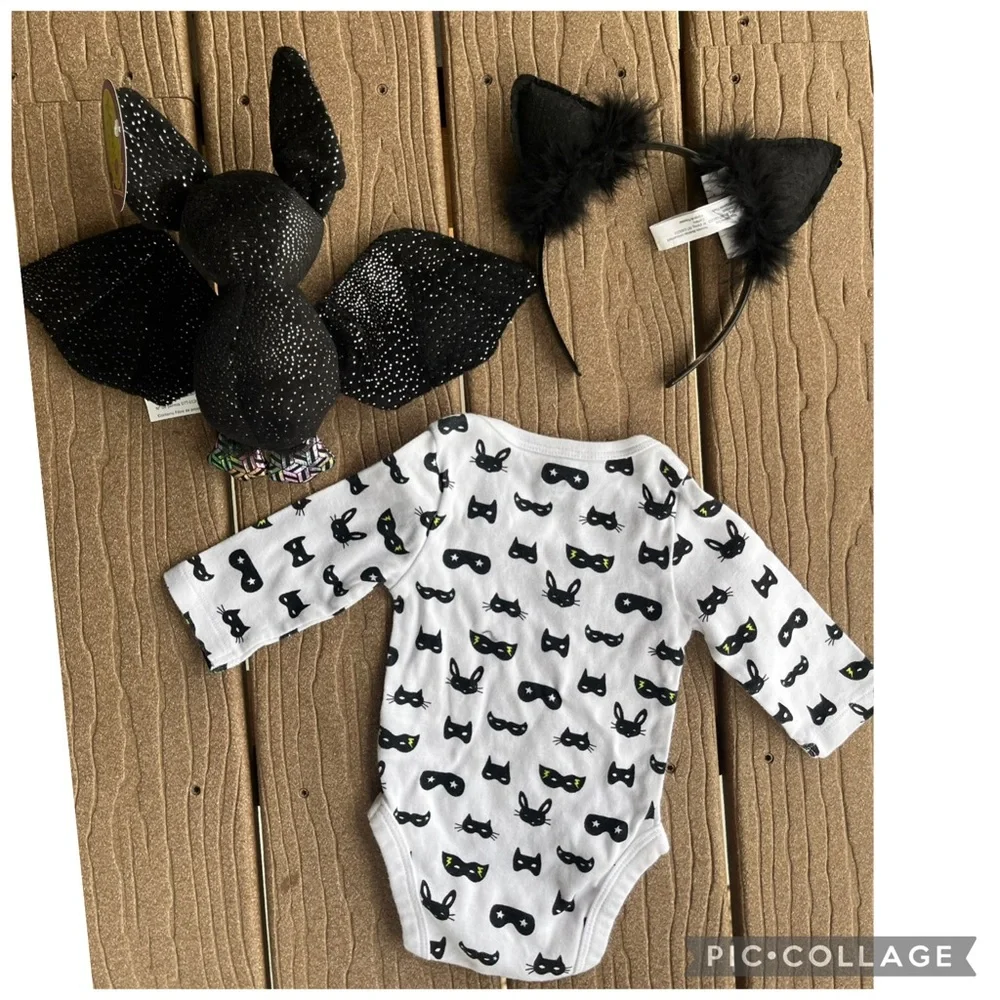 Baby Halloween Cat Outfit 0-3M Onesie Cat Ears Bat Plush Bundle